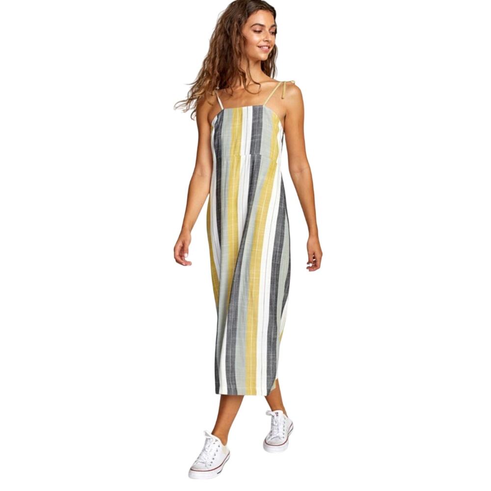 RVCA Tense Blue Green White Striped Spaghetti Strap Summer Beach Vibe Midi Dress